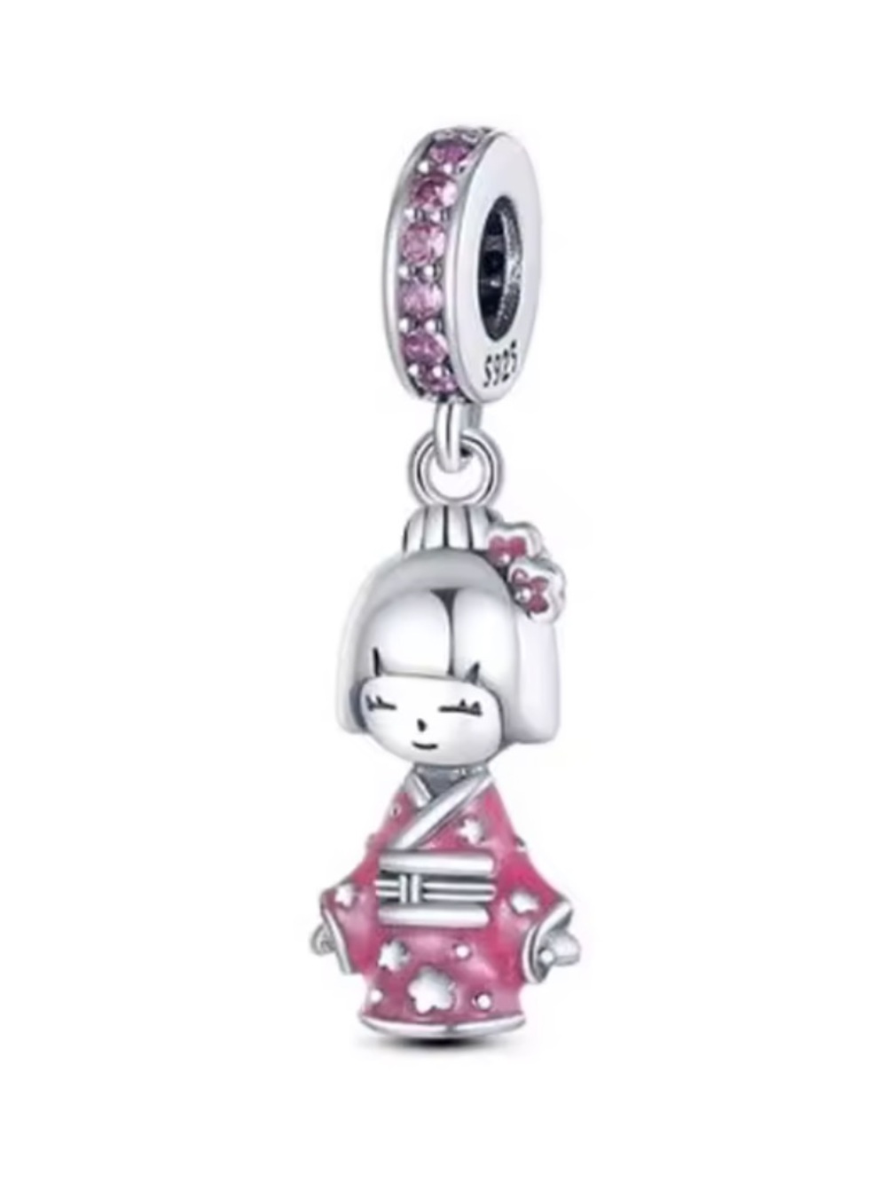 NWOT Japanese Doll in Pink Kimono Japan Travel Dangle Charm Sterling Silver 925